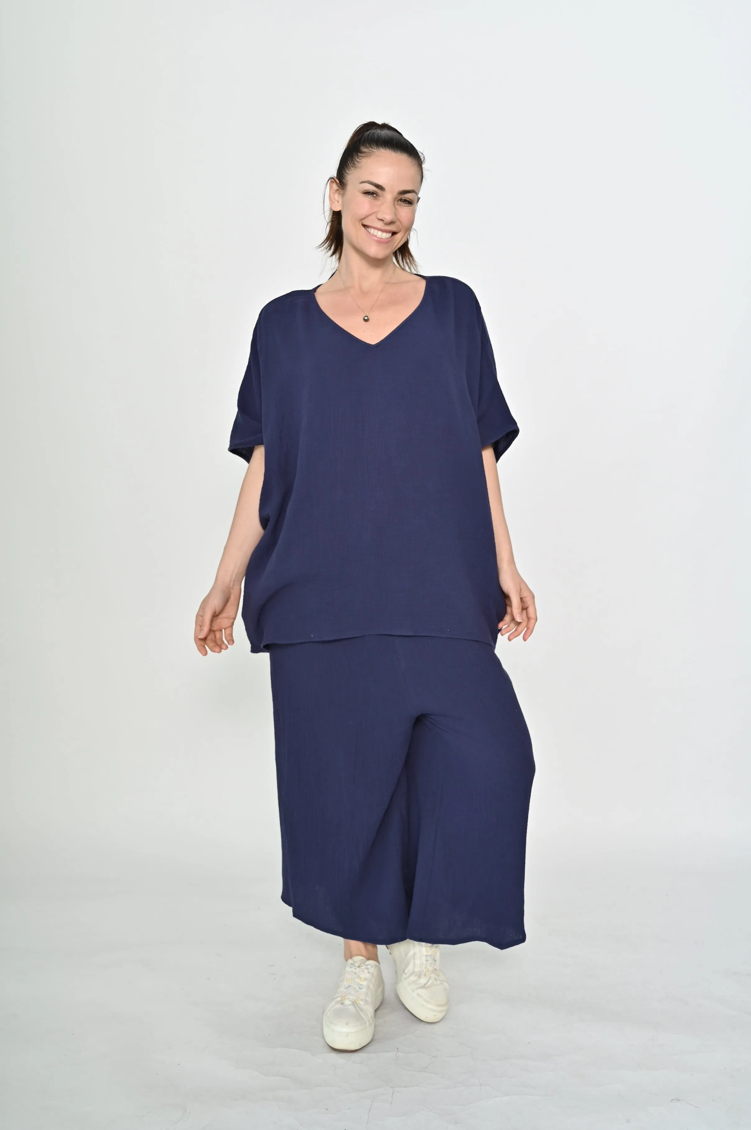 La Mode V-neck Kaftan Style Cotton Top Navy