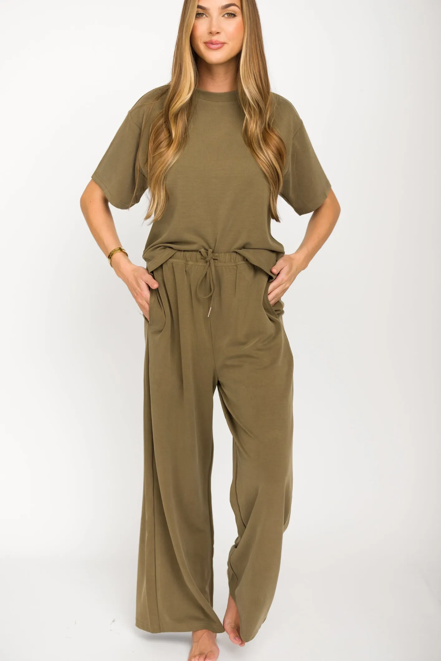 Macy Loose Fit T-Shirt and Wide Leg Pant Set in Sage