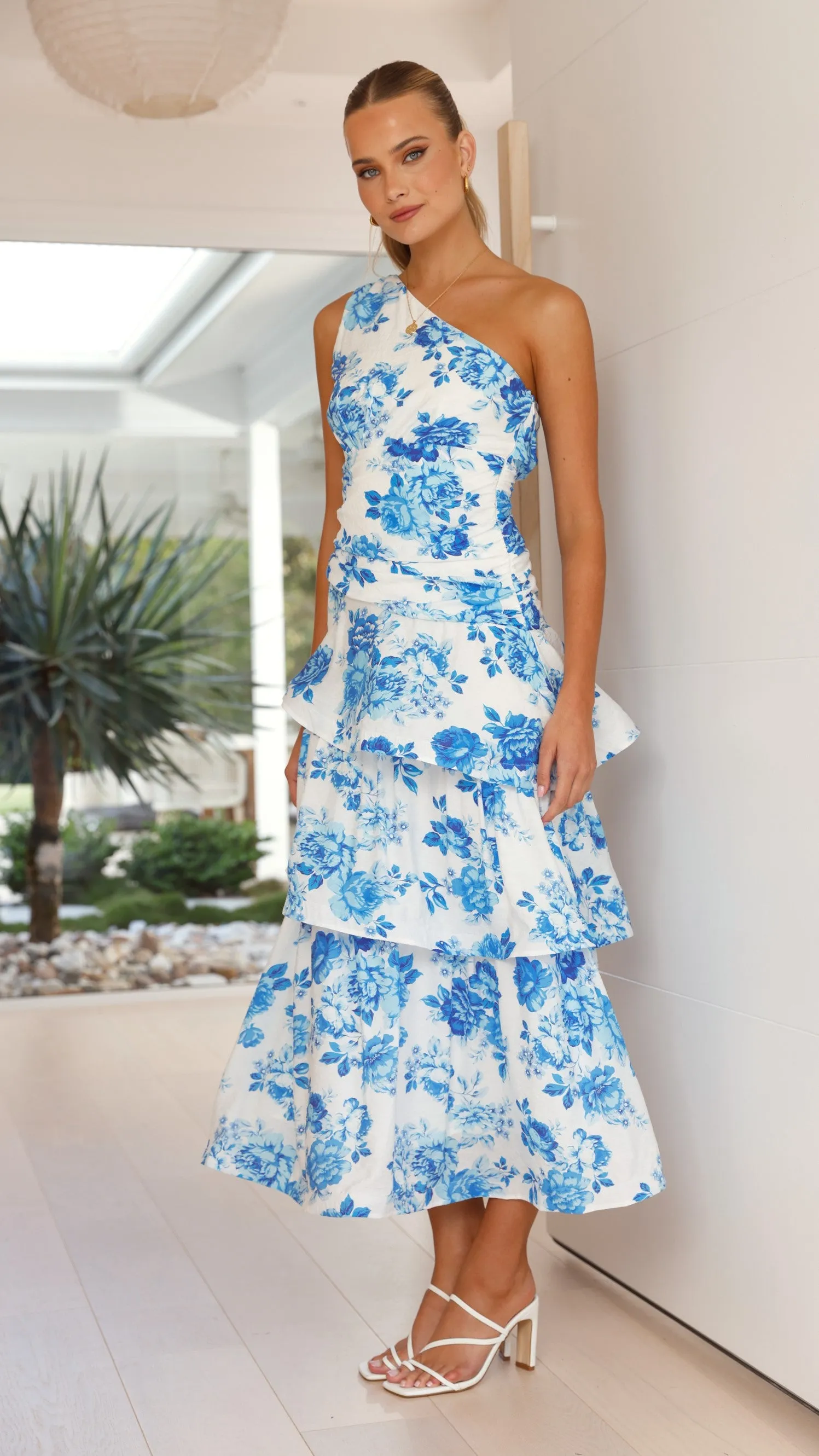 Odilie One Shoulder Maxi Dress - Blue Floral