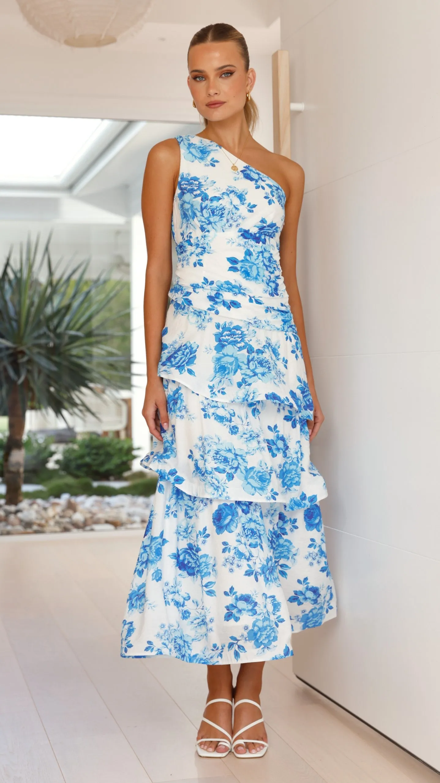 Odilie One Shoulder Maxi Dress - Blue Floral