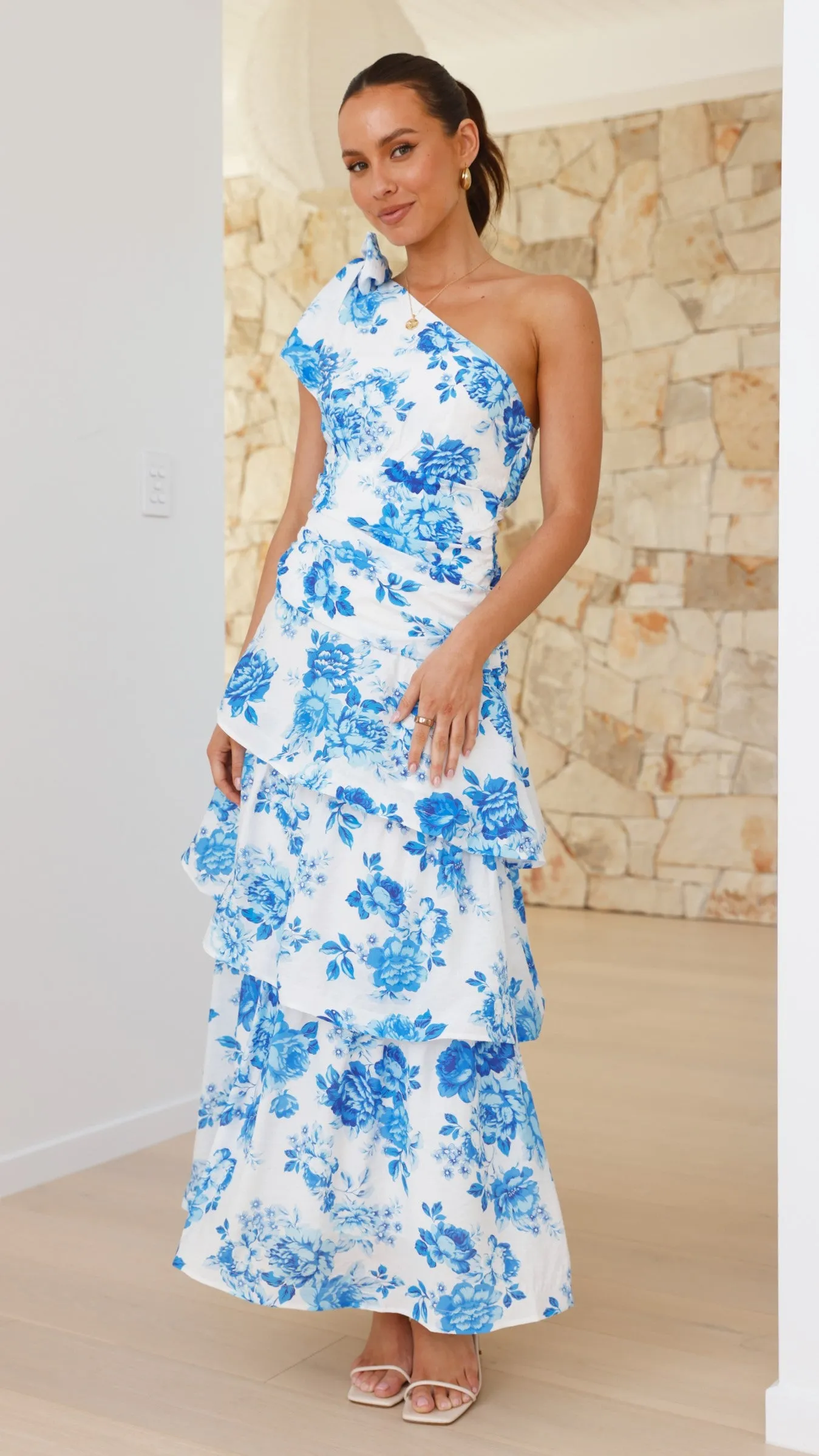 Odilie One Shoulder Maxi Dress - Blue Floral