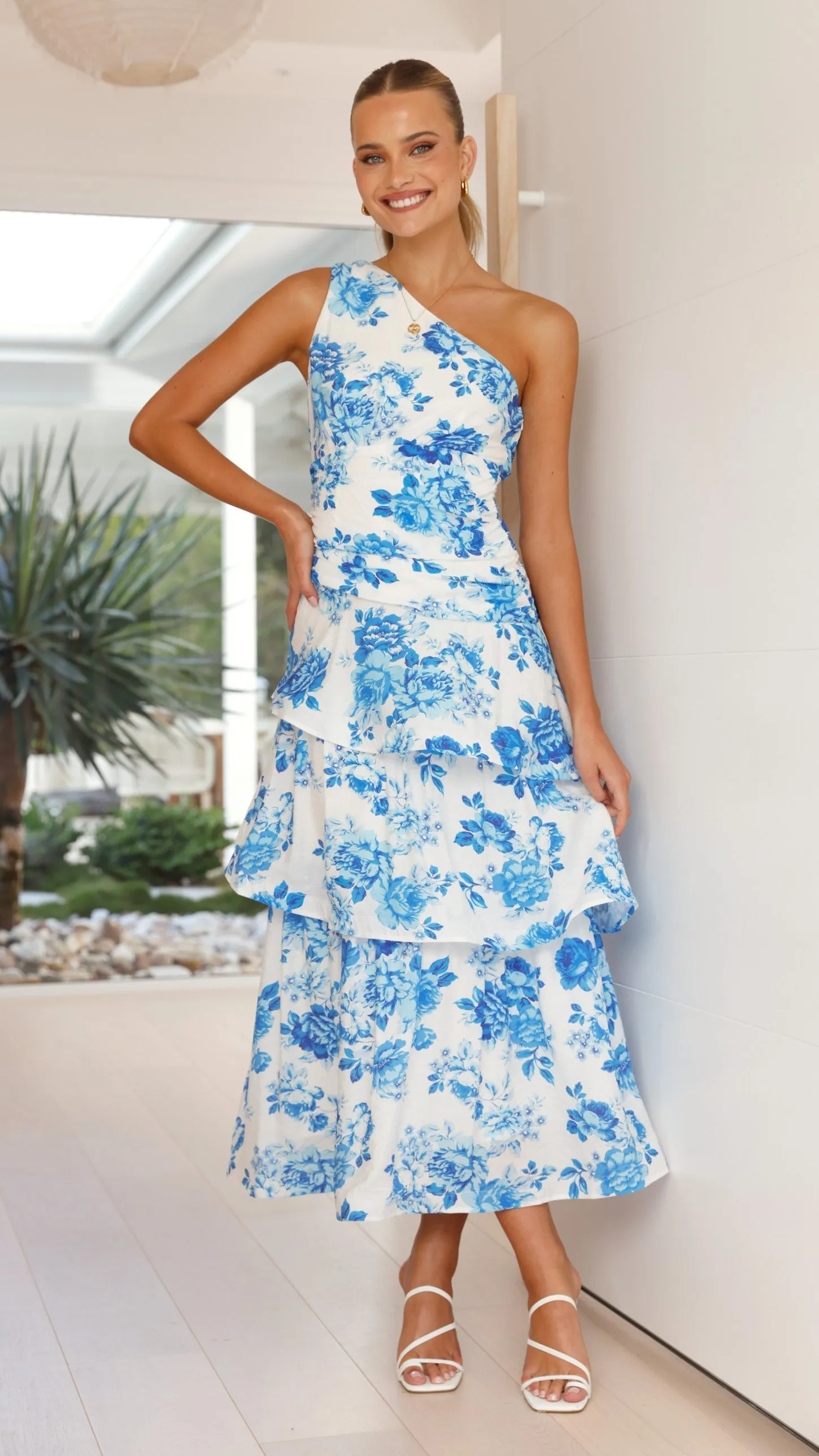 Odilie One Shoulder Maxi Dress - Blue Floral