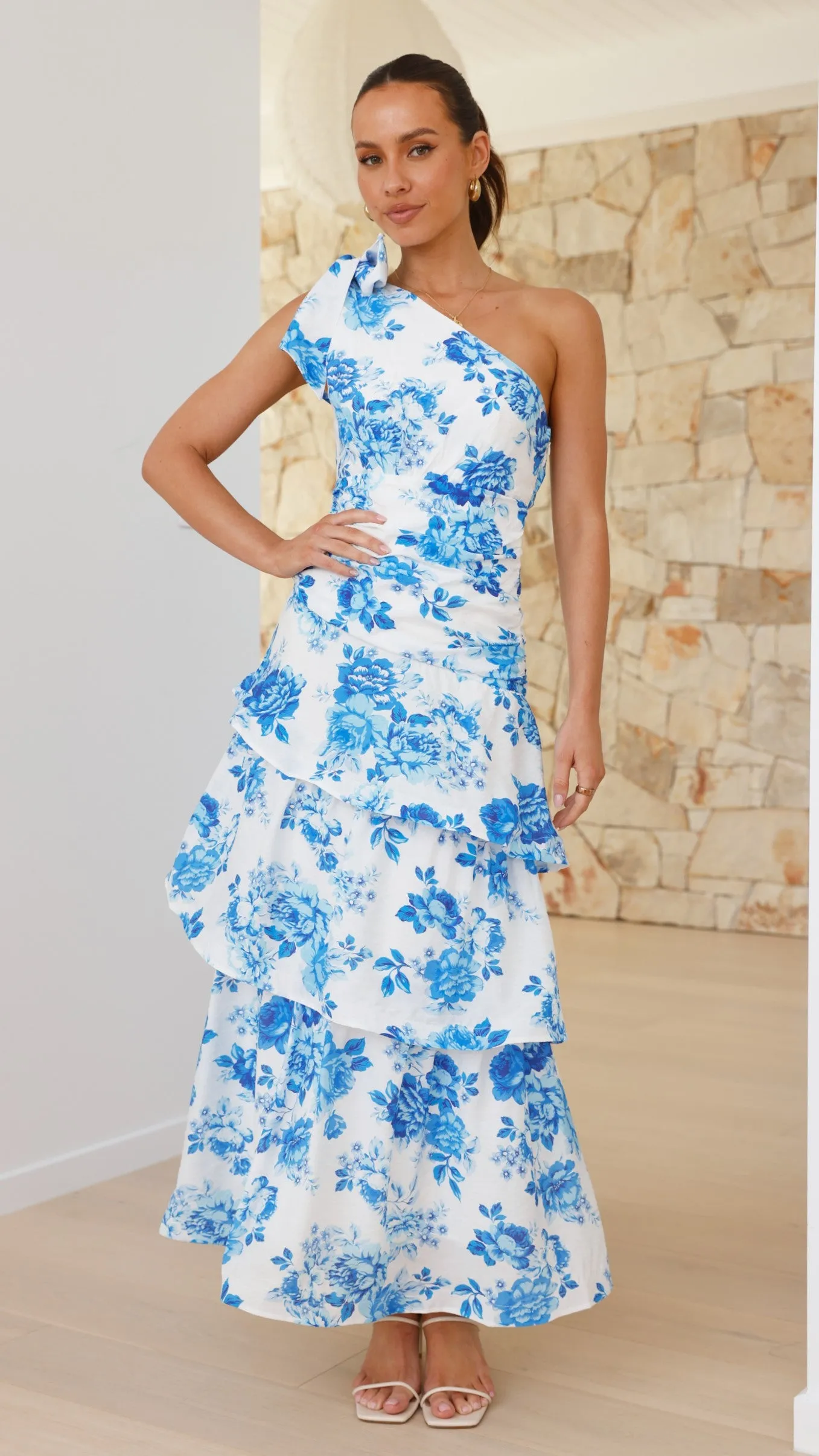 Odilie One Shoulder Maxi Dress - Blue Floral