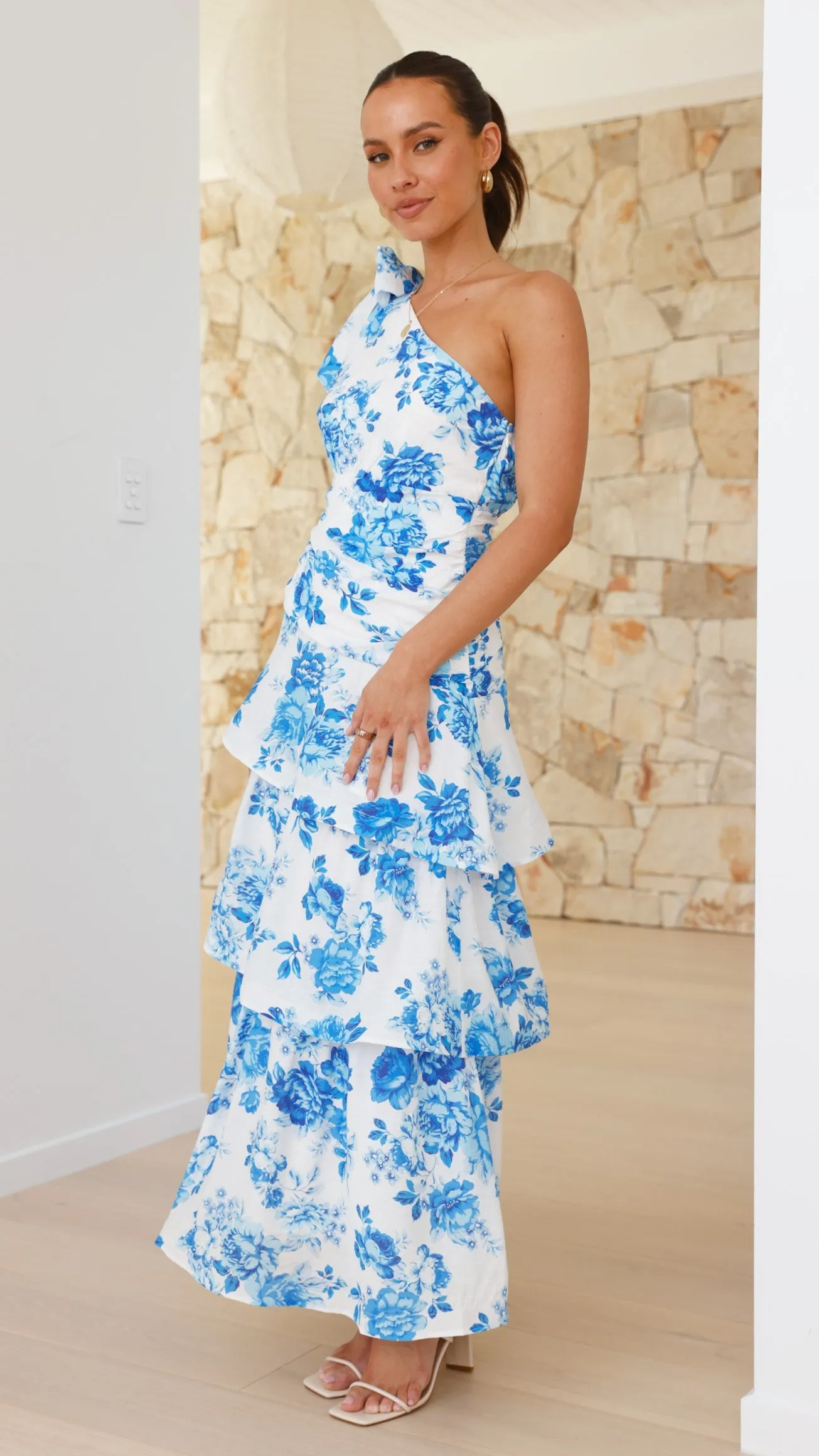 Odilie One Shoulder Maxi Dress - Blue Floral