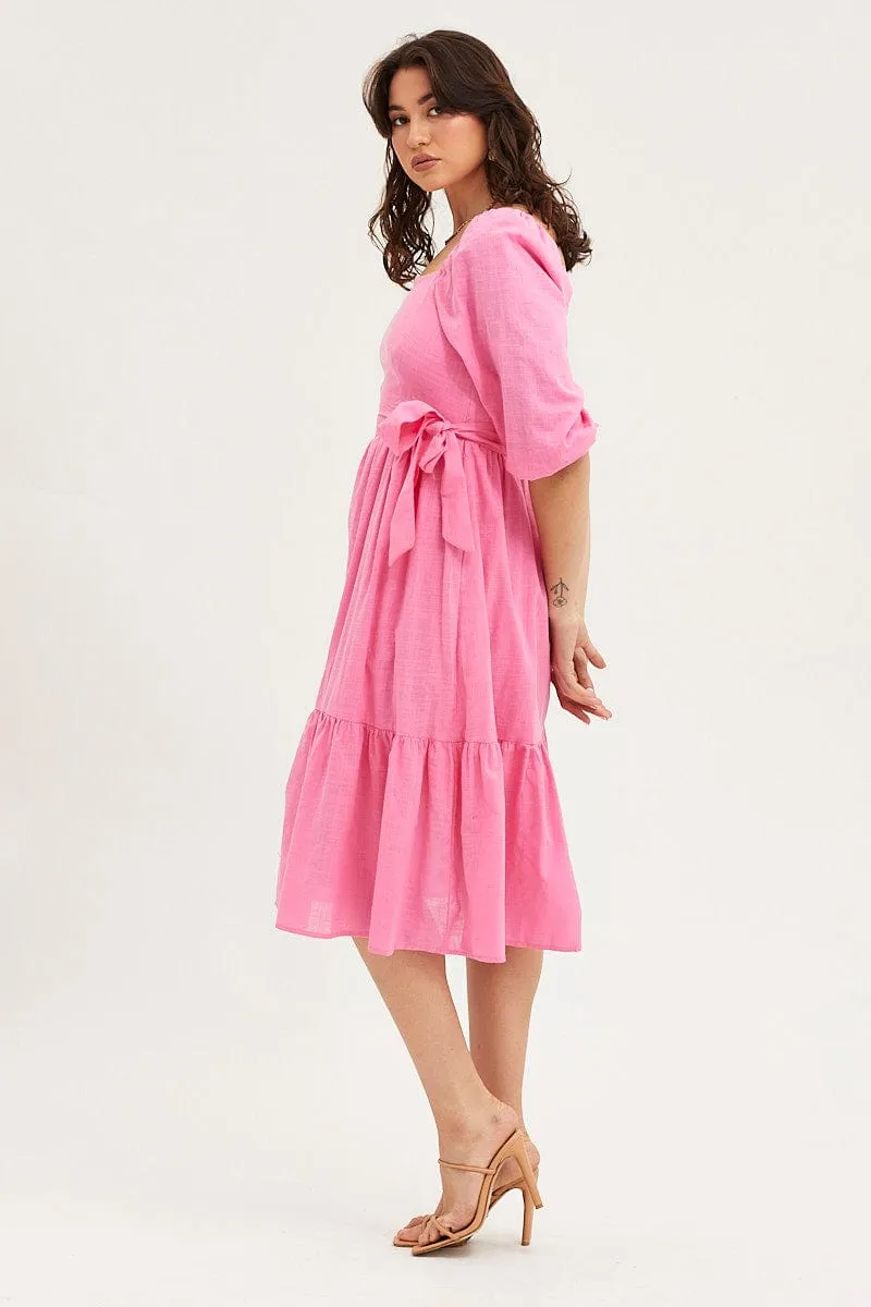 Pink Dress Puff Sleeve Maxi