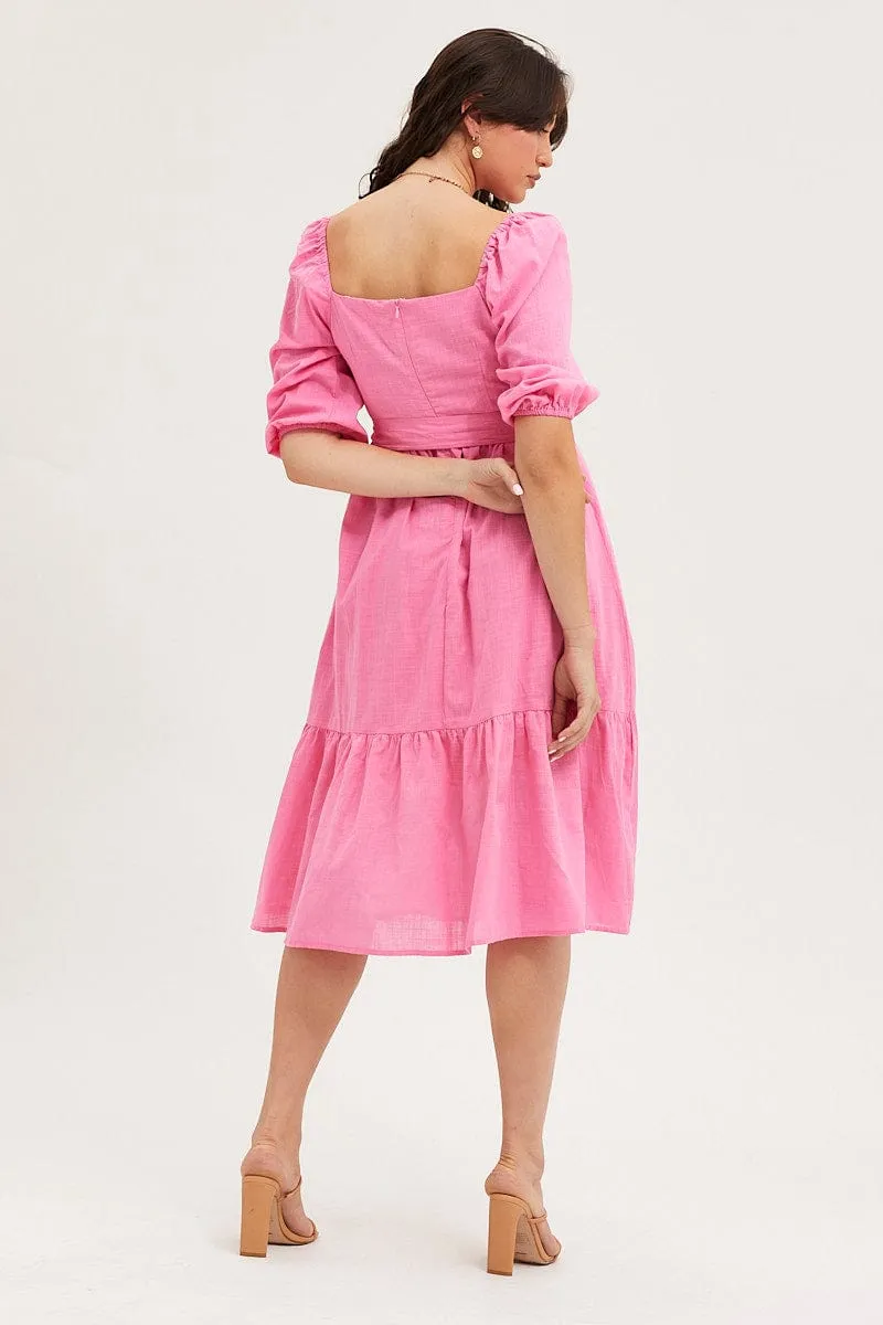 Pink Dress Puff Sleeve Maxi