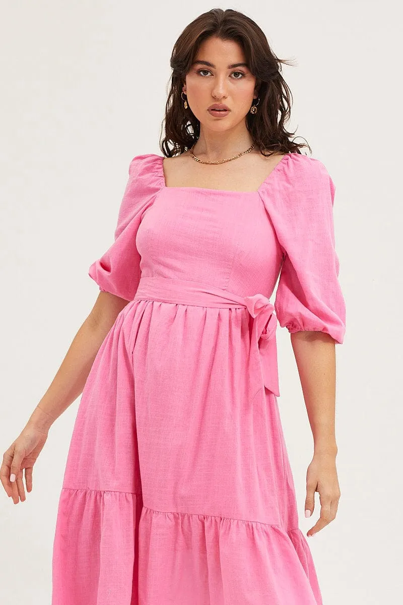 Pink Dress Puff Sleeve Maxi