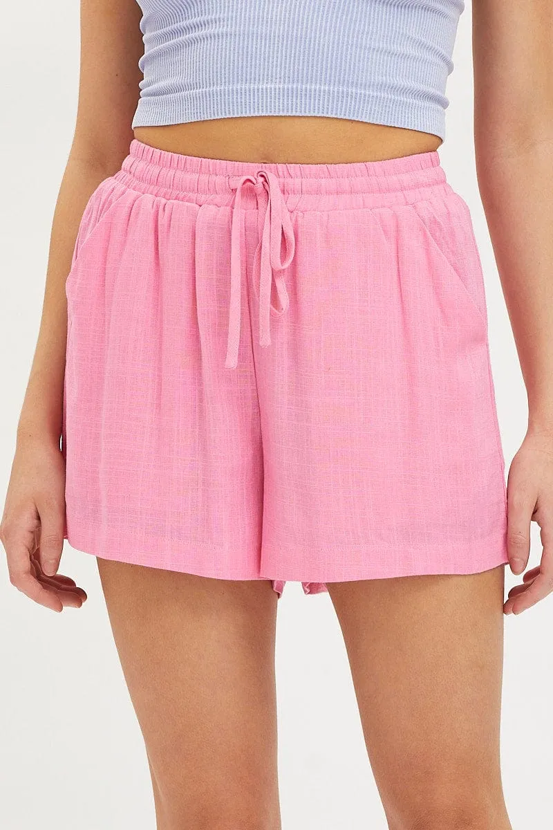 Pink Mini Shorts High Rise Linen Blend