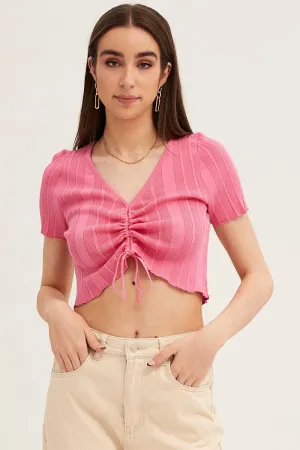Pink Short Sleeve Ruched Knit Top
