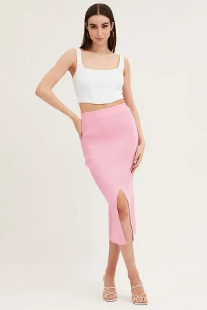Pink Slit Knit Midi Skirt