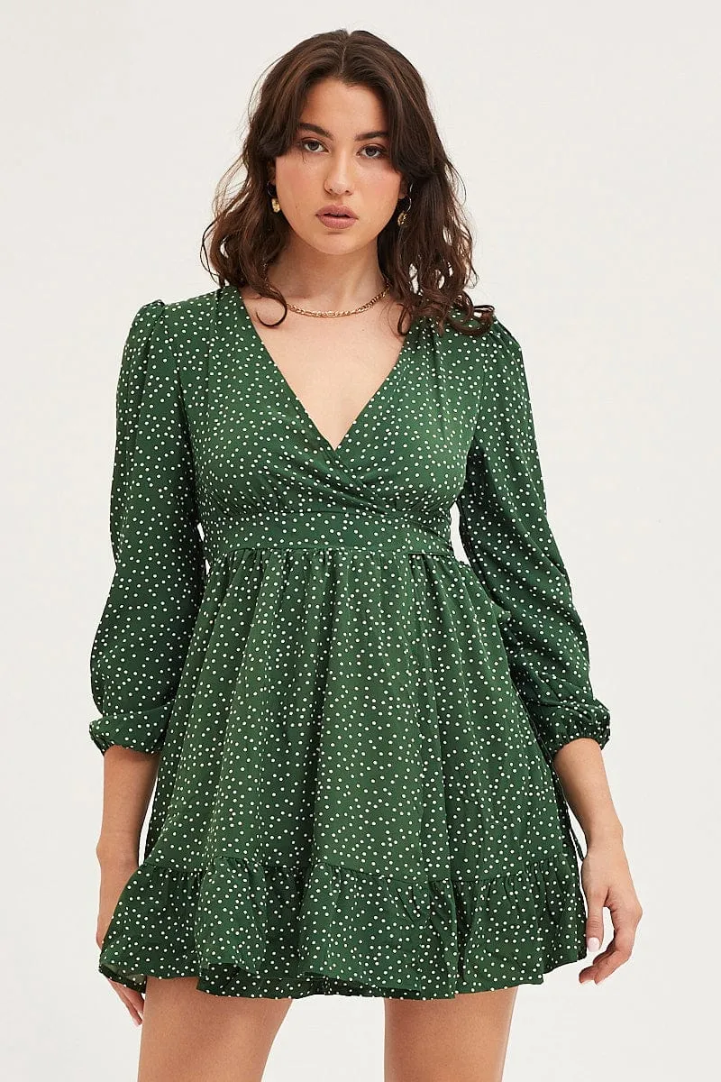 Polka Dot Wrap Dress Long Sleeve