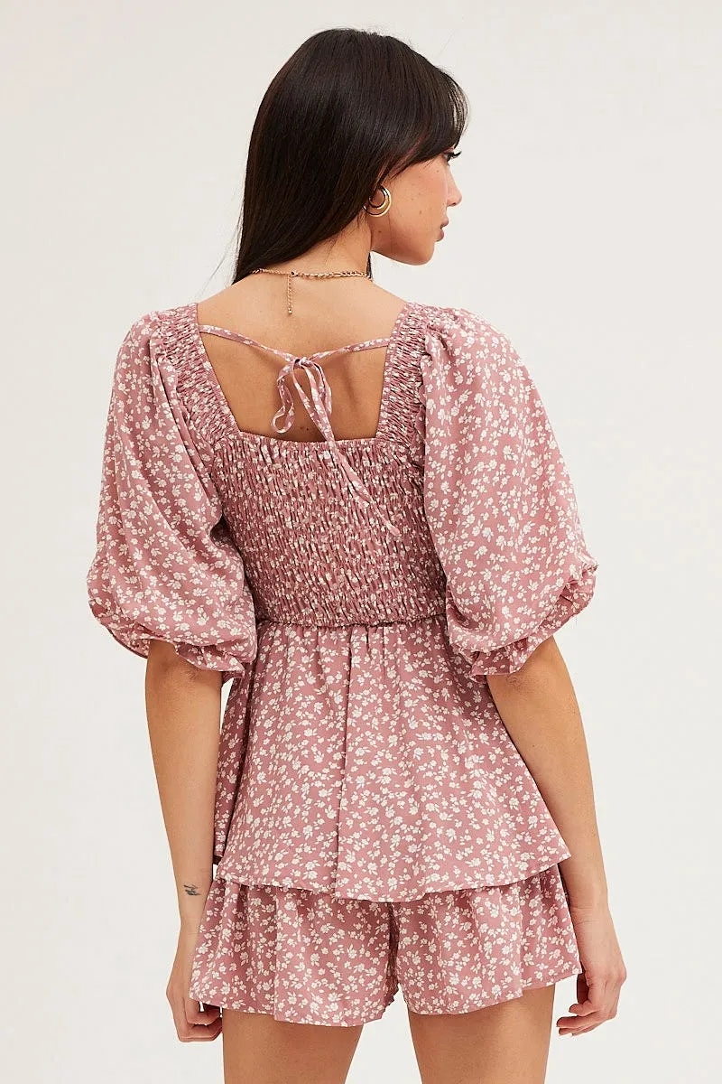 Print Playsuit Short Sleeve Square Neck