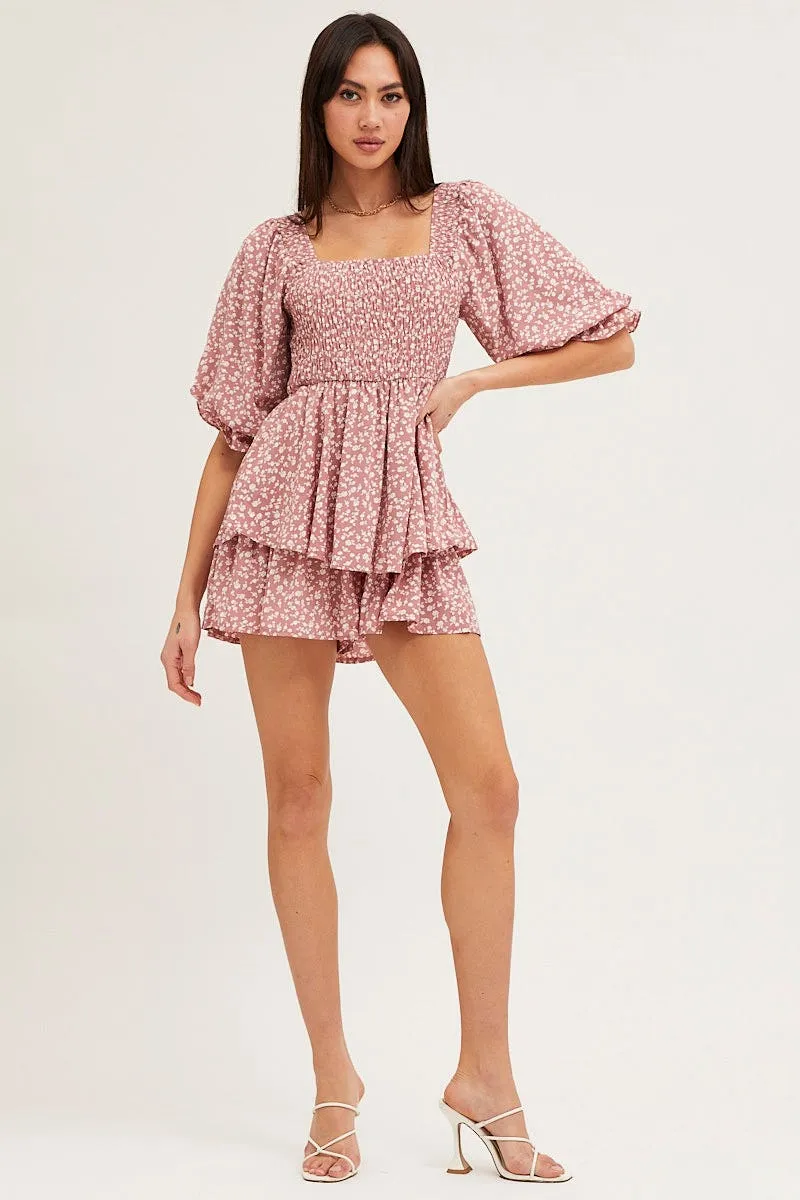 Print Playsuit Short Sleeve Square Neck