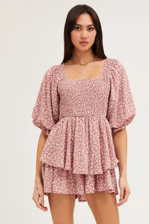 Print Playsuit Short Sleeve Square Neck