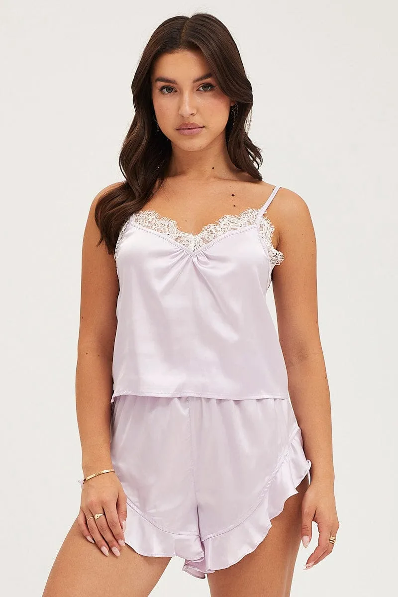 Purple Satin Pajamas Set Sleeveless