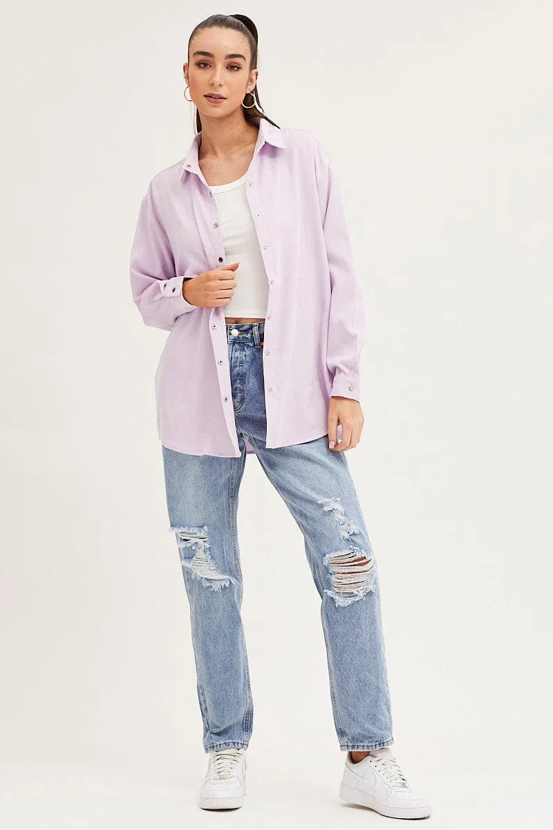 Purple Shirt Top Long Sleeve Collared Corduroy