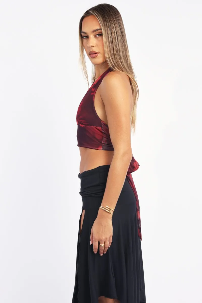 Red Floral Halter Neck Top Tie Back Mesh