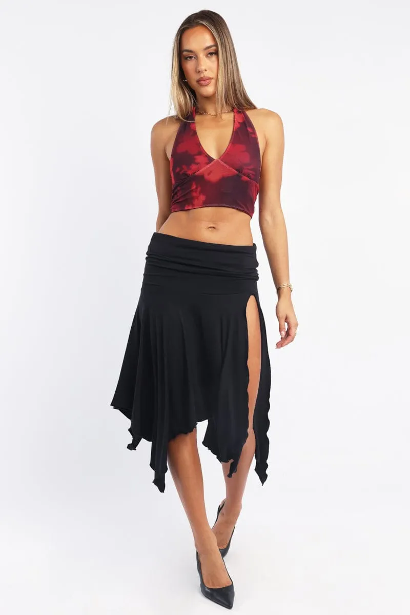 Red Floral Halter Neck Top Tie Back Mesh