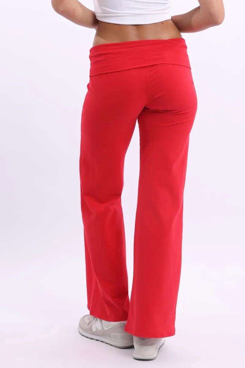 Red Wide Leg Pants Folded Waist Jersey