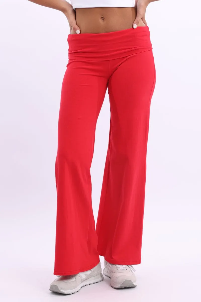 Red Wide Leg Pants Folded Waist Jersey