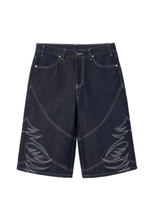REGEN ZONE丨"RIOT" Armor Embroidered Raw Denim Shorts