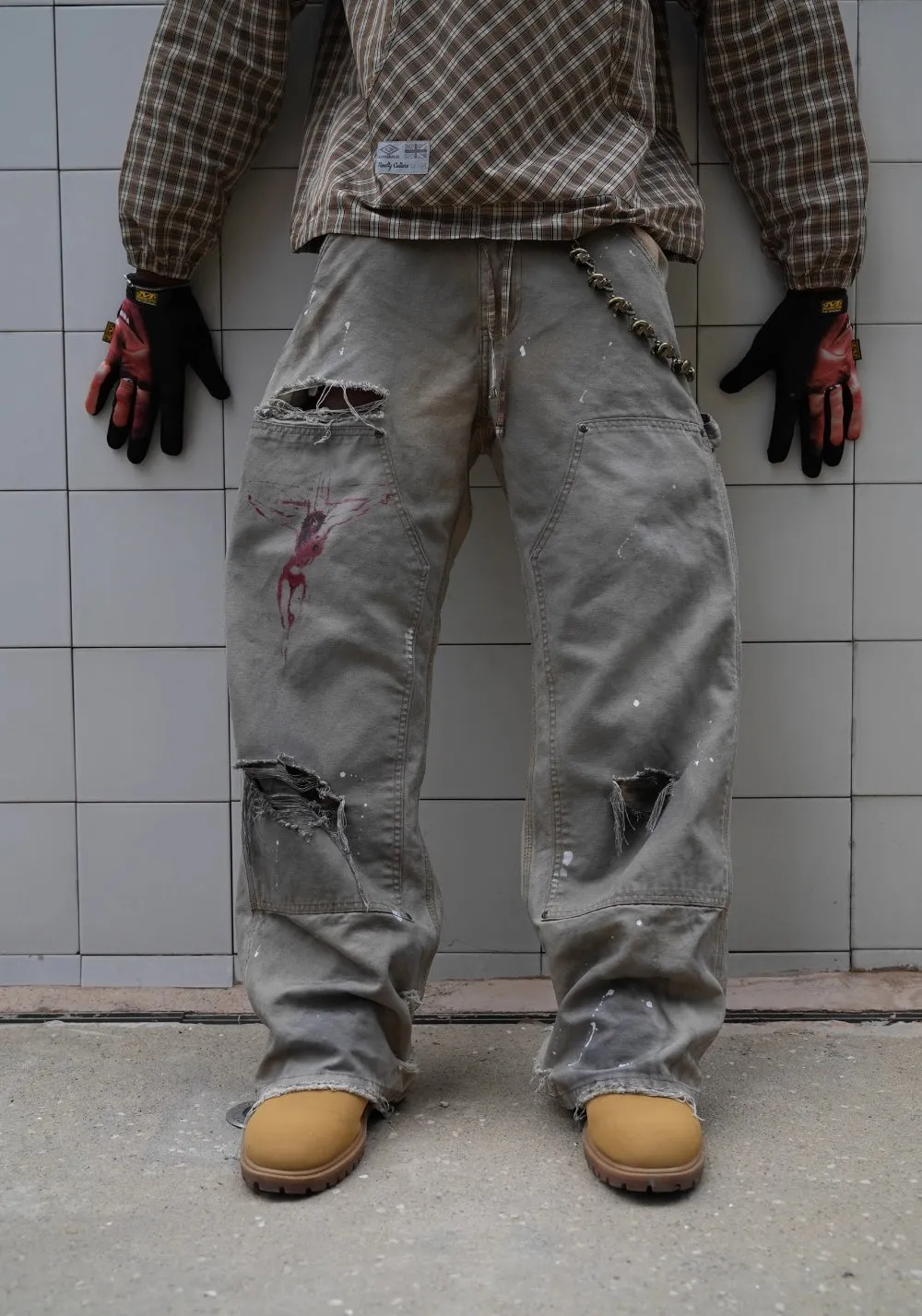 REGEN ZONE丨"RIOT" Dirty White Cross Distressed Logger Pants