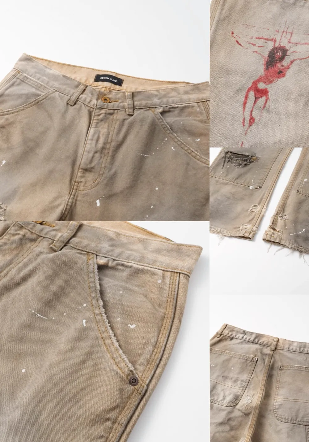 REGEN ZONE丨"RIOT" Dirty White Cross Distressed Logger Pants