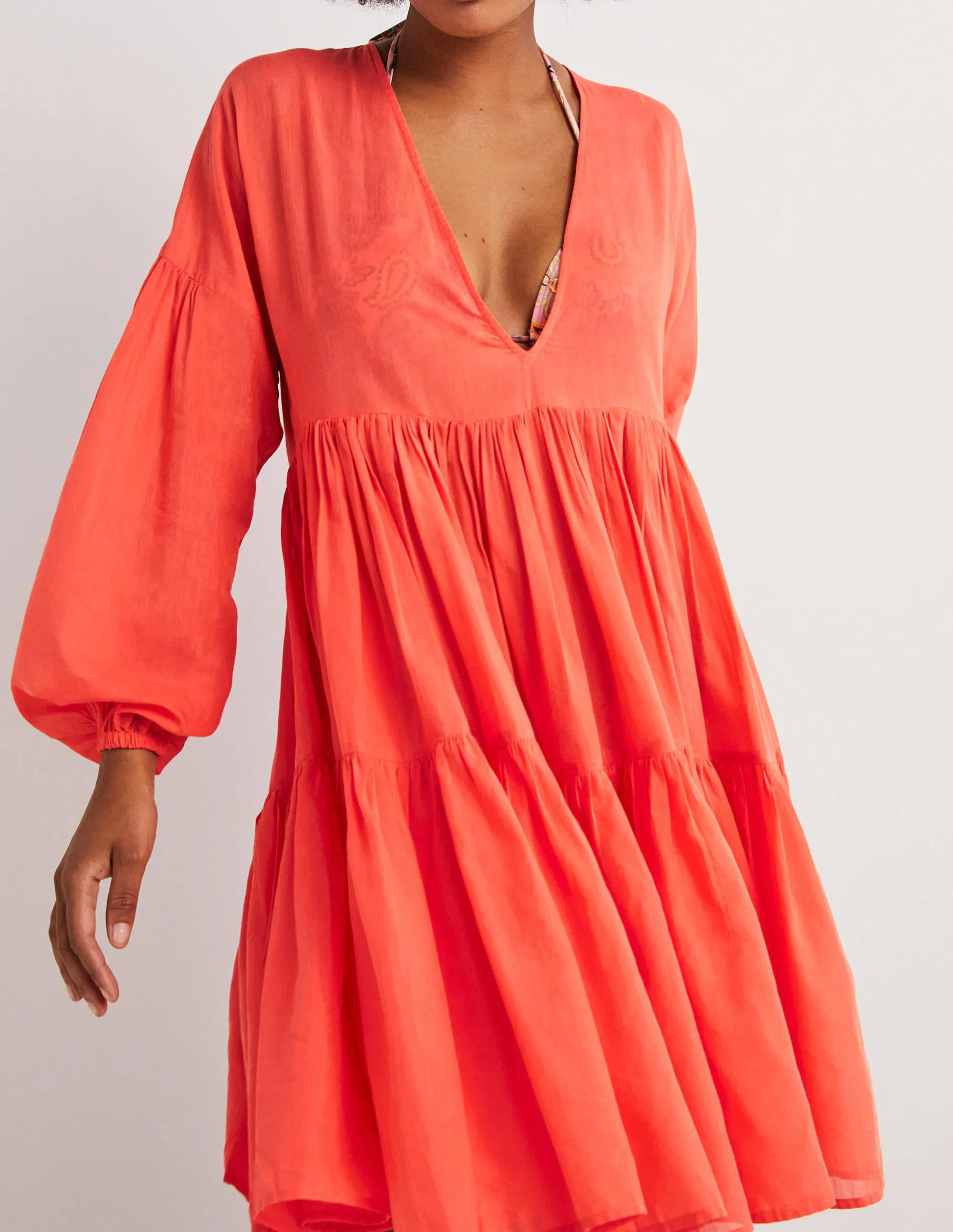 Relaxed Tiered Beach Dress-Hot Coral