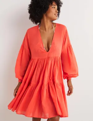 Relaxed Tiered Beach Dress-Hot Coral