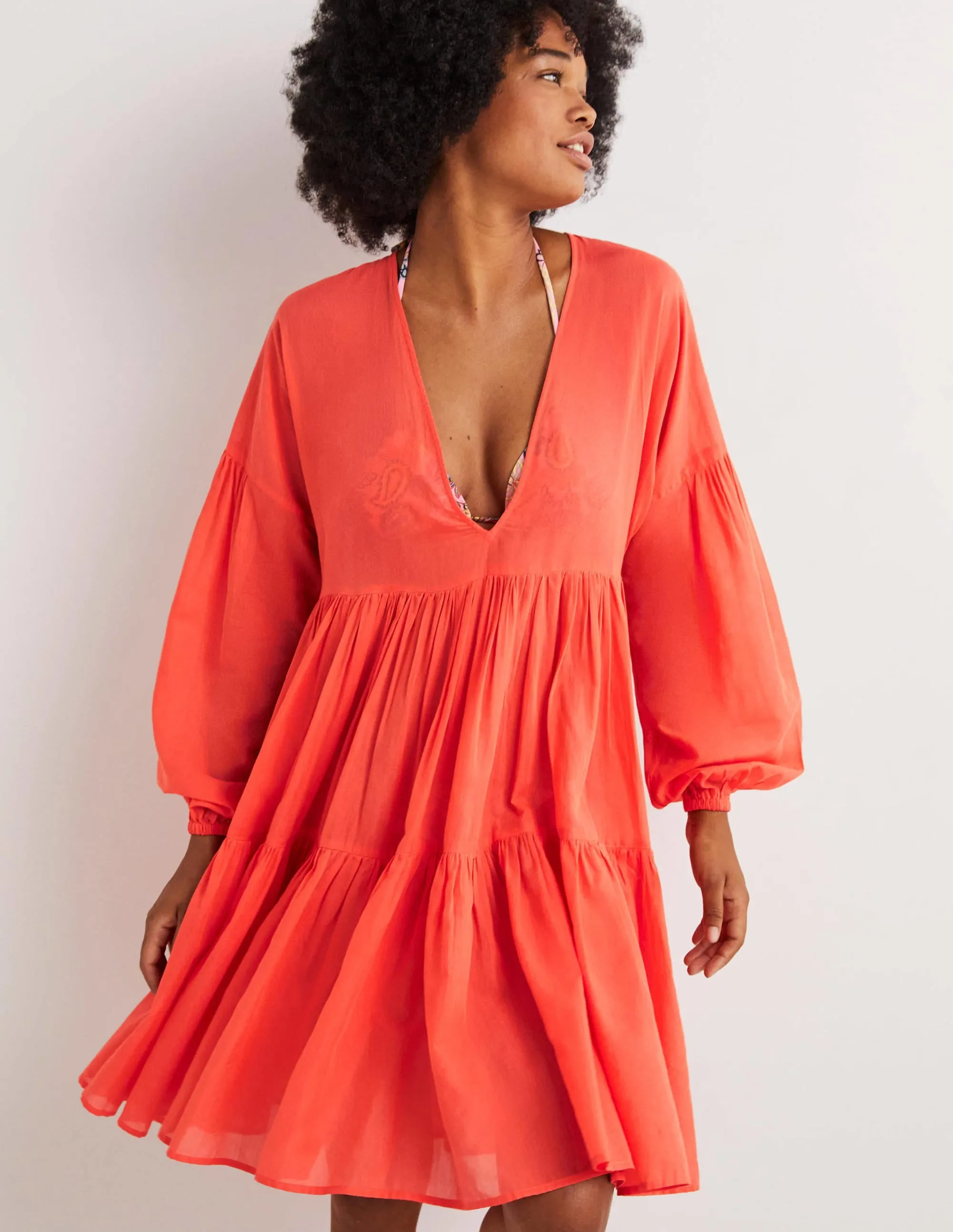 Relaxed Tiered Beach Dress-Hot Coral