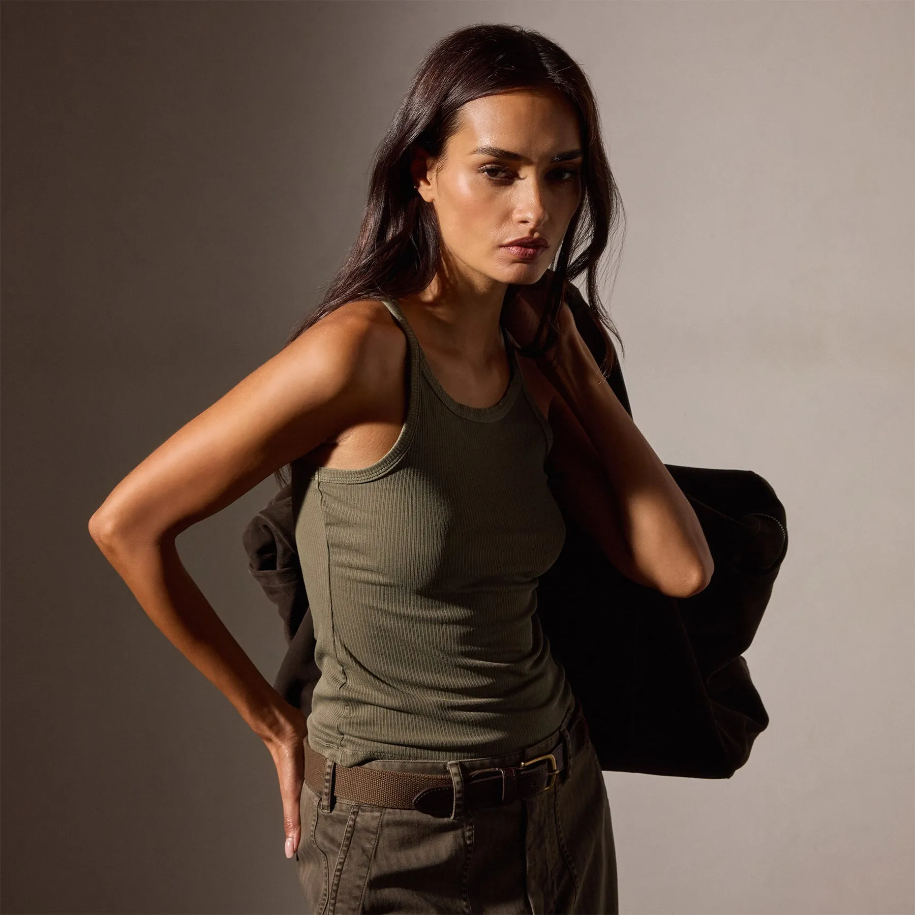 Ribbed High Neck Cami - Trooper Pigment