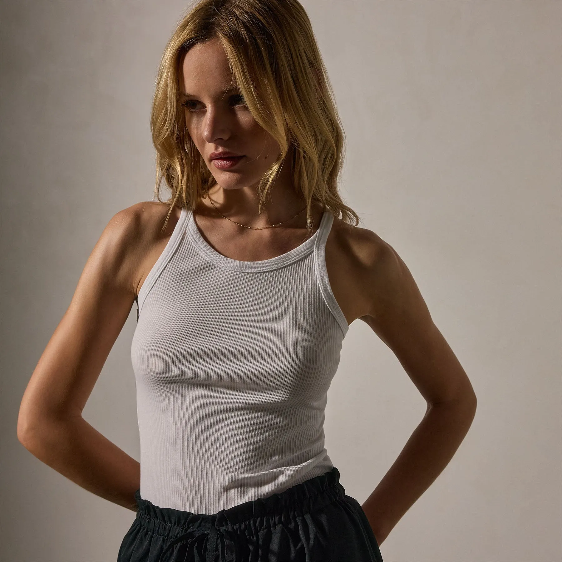 Ribbed High Neck Cami - White