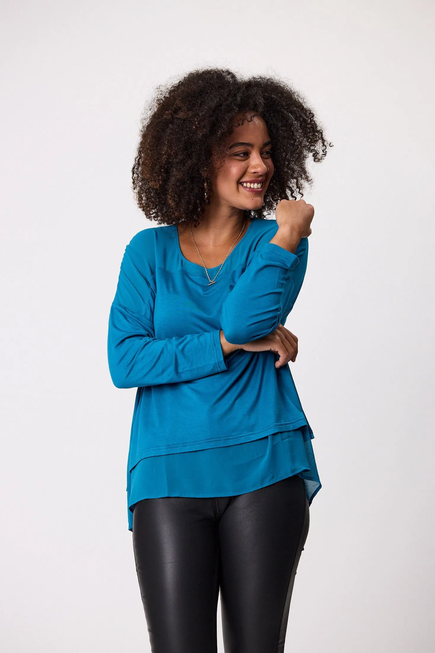 Shine On Label Remy Long Sleeve Overlay Top Teal