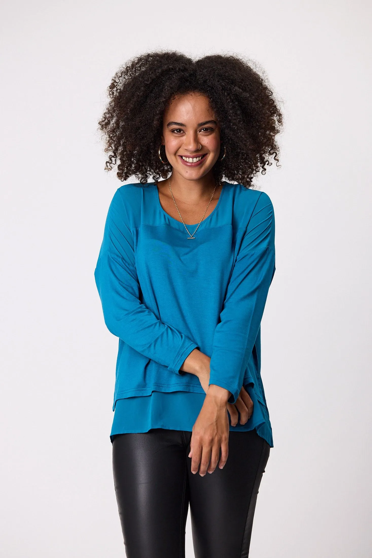 Shine On Label Remy Long Sleeve Overlay Top Teal