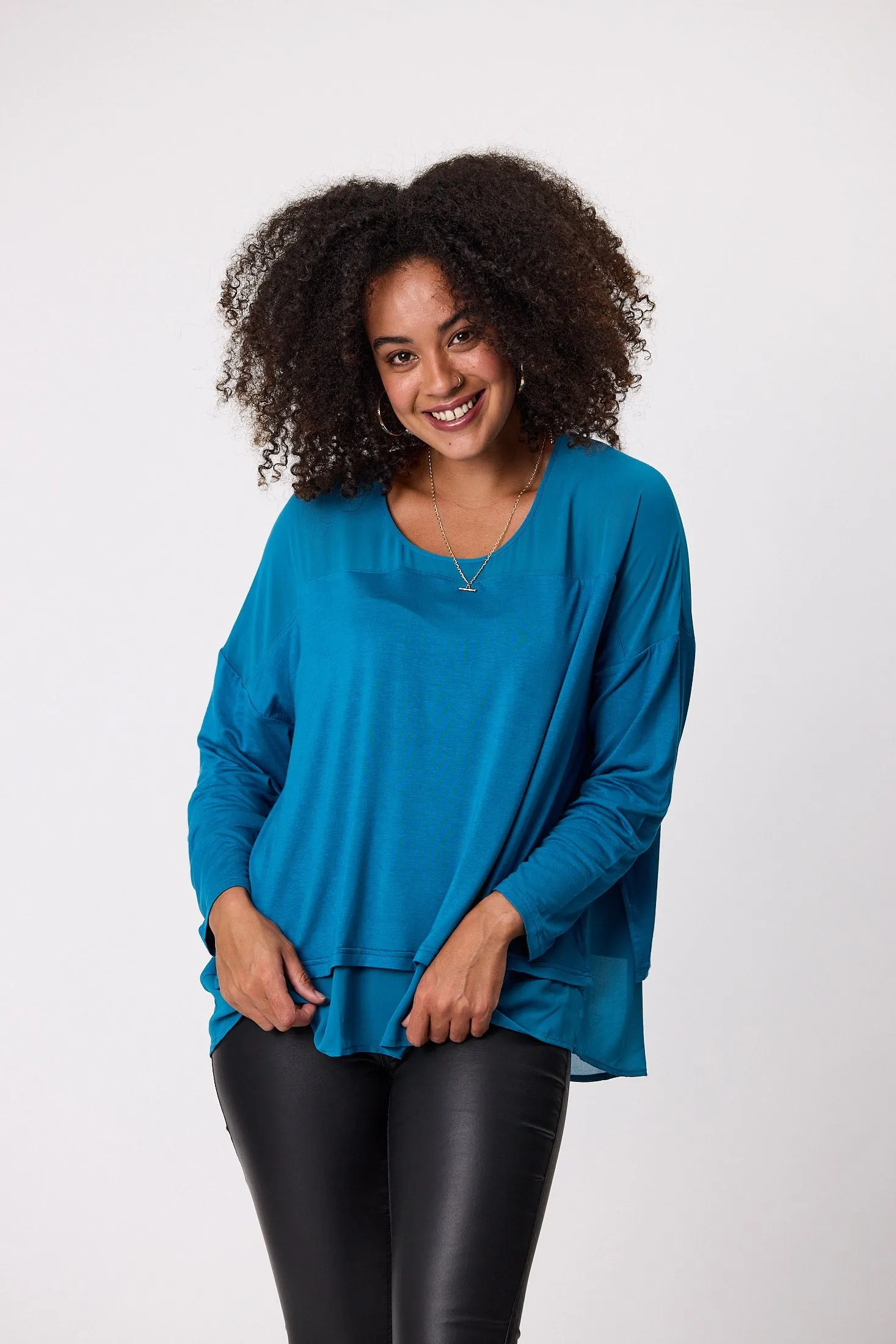 Shine On Label Remy Long Sleeve Overlay Top Teal