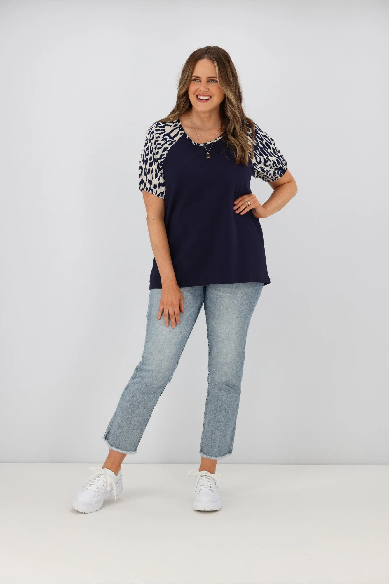 Shine On Label Sariah Animal print Puff Sleeve Top Midnight