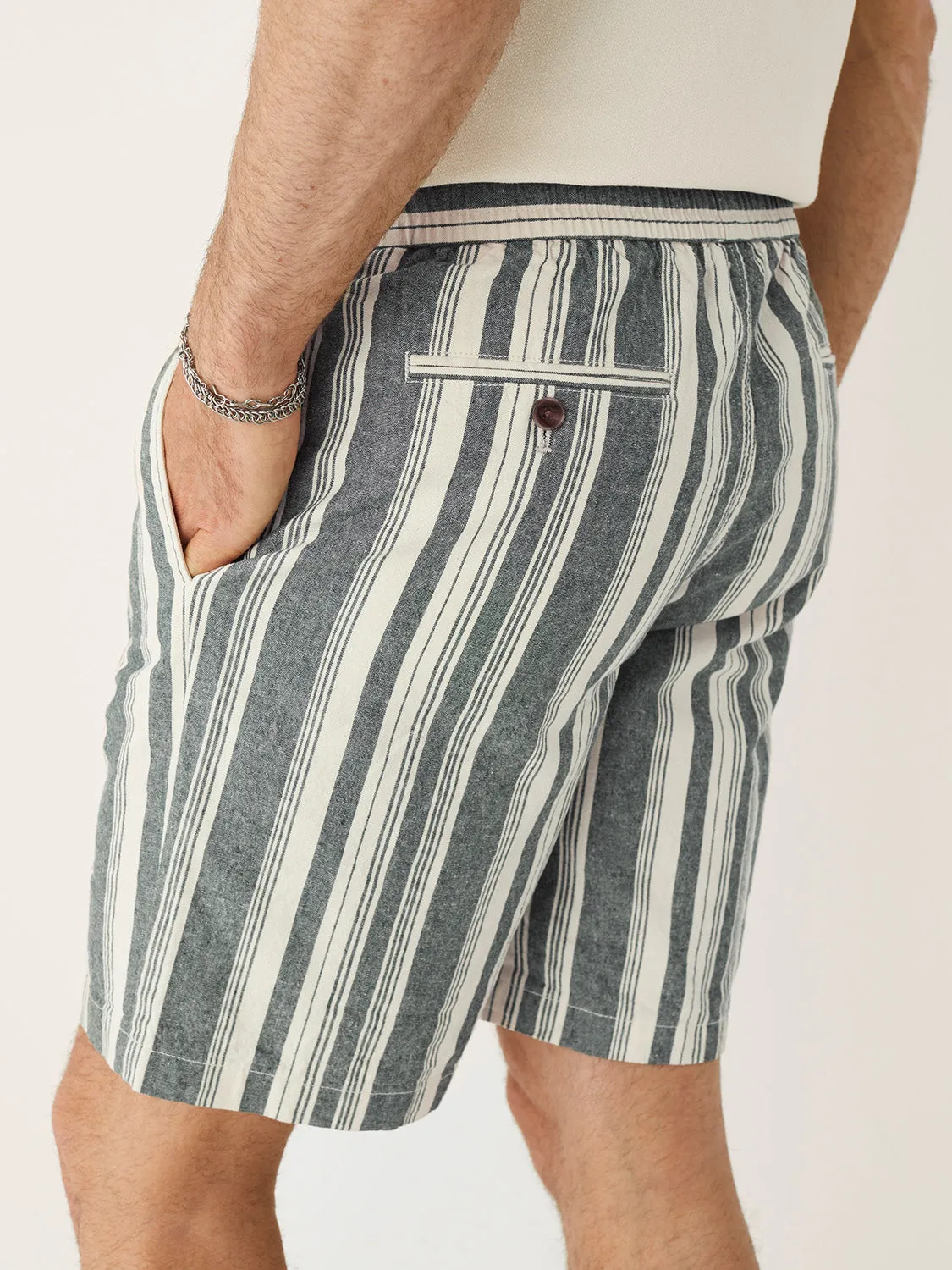 The Striped Linen Pull-On 9in Short in Smoked Green