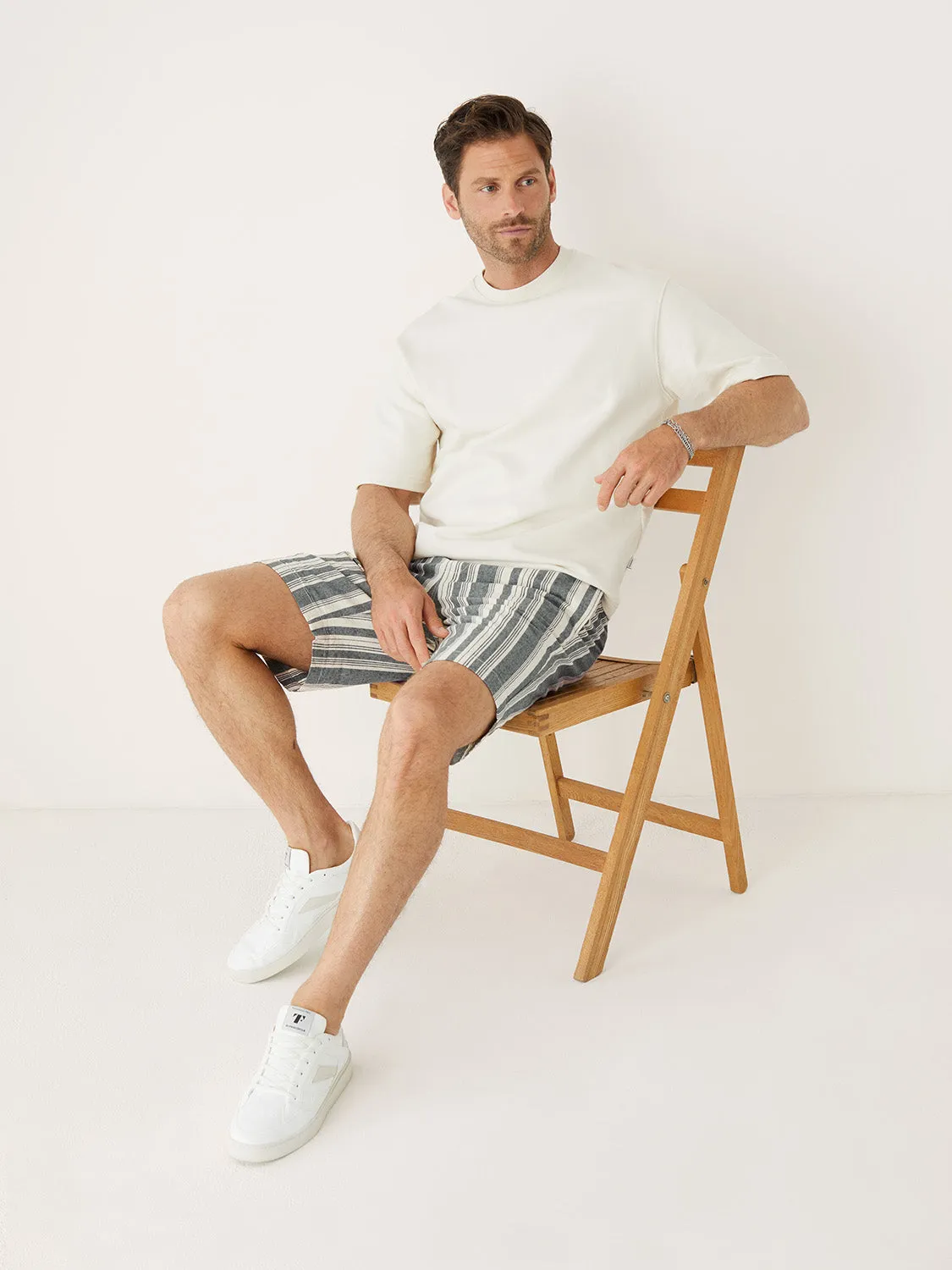 The Striped Linen Pull-On 9in Short in Smoked Green