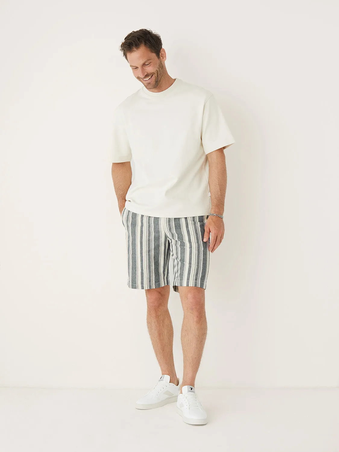 The Striped Linen Pull-On 9in Short in Smoked Green