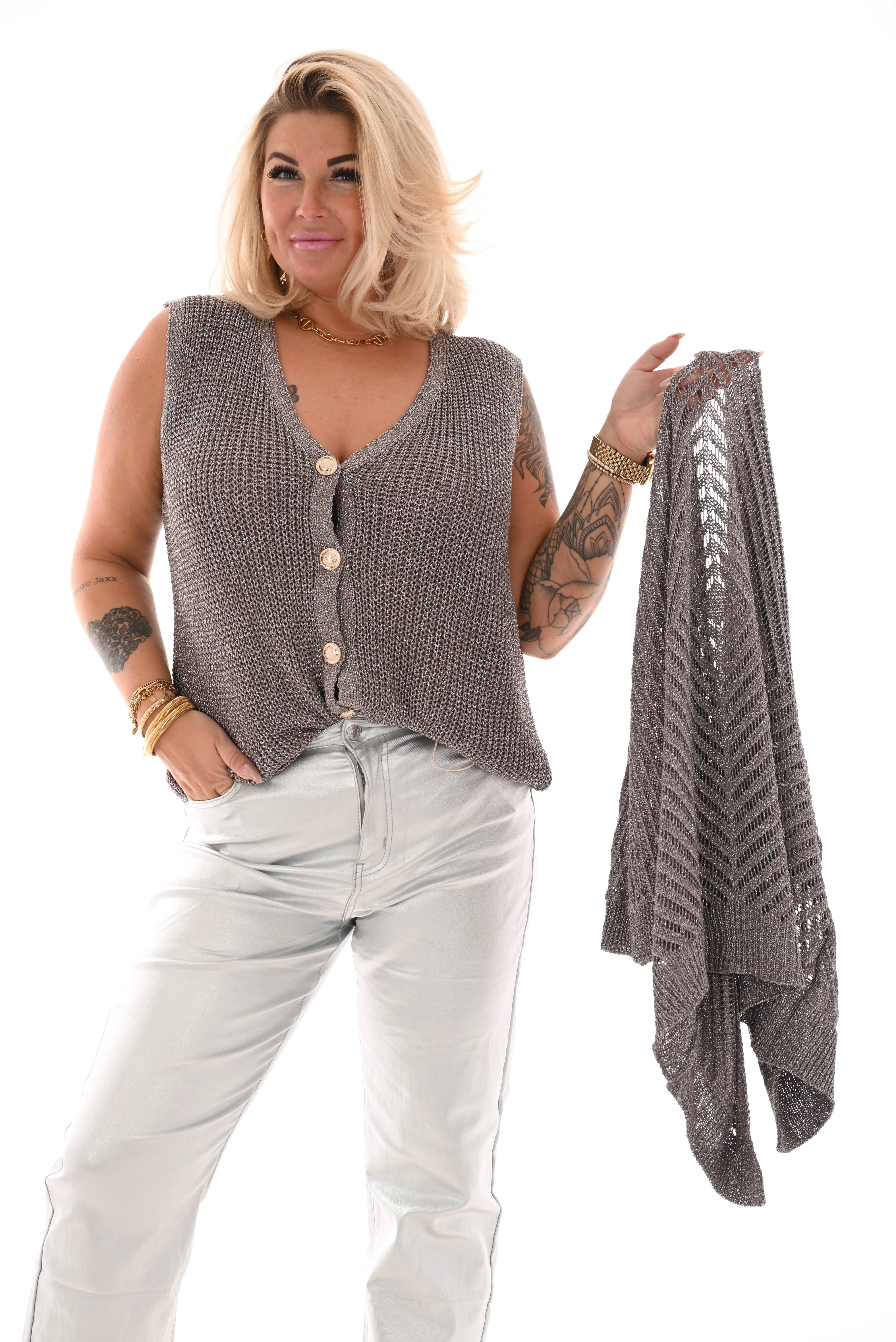 Tweedelig set top en vest lurex taupe