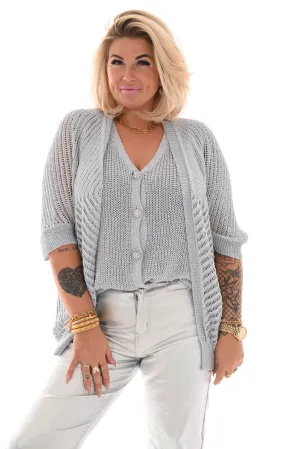Tweedelig set top en vest lurex zilver