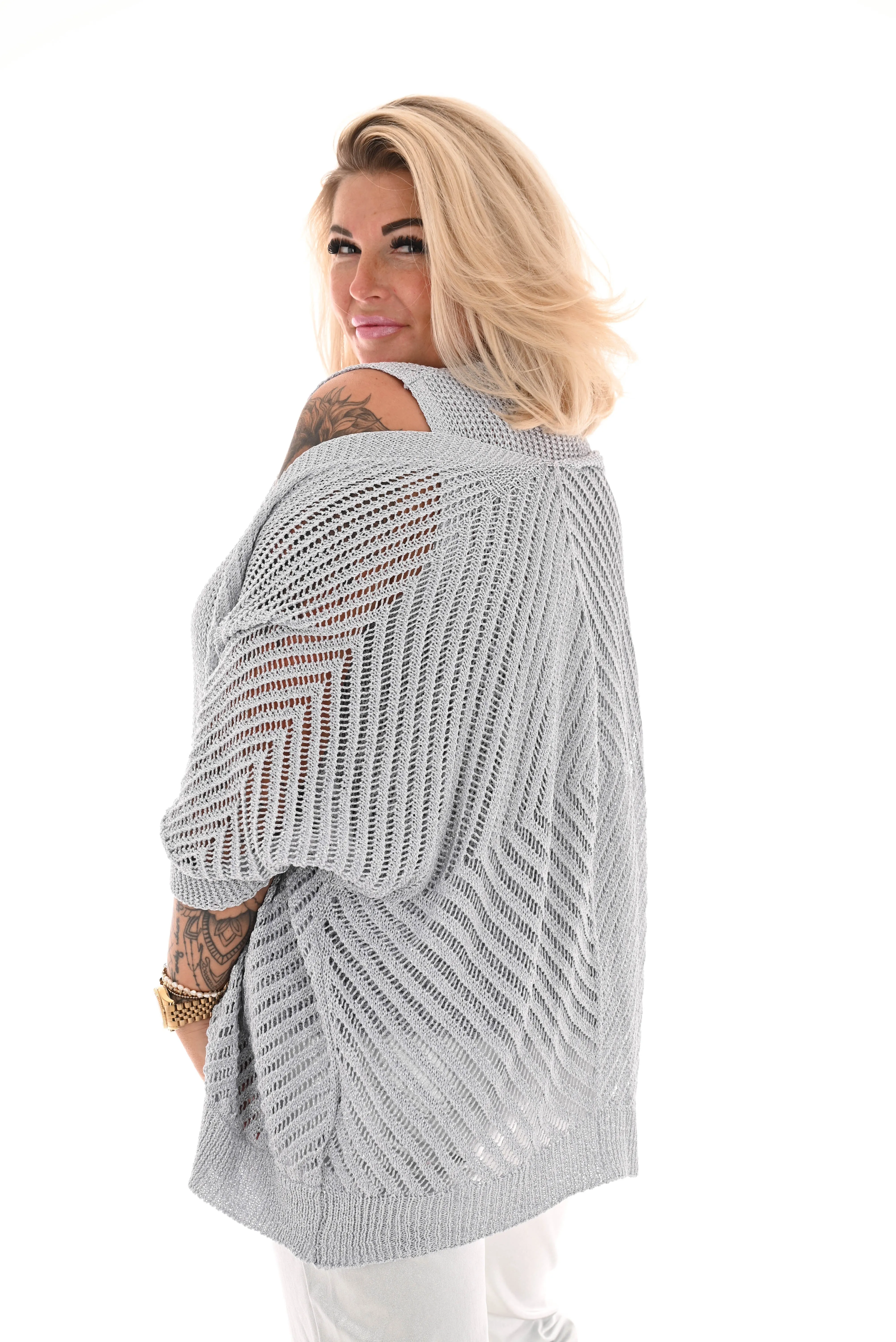 Tweedelig set top en vest lurex zilver