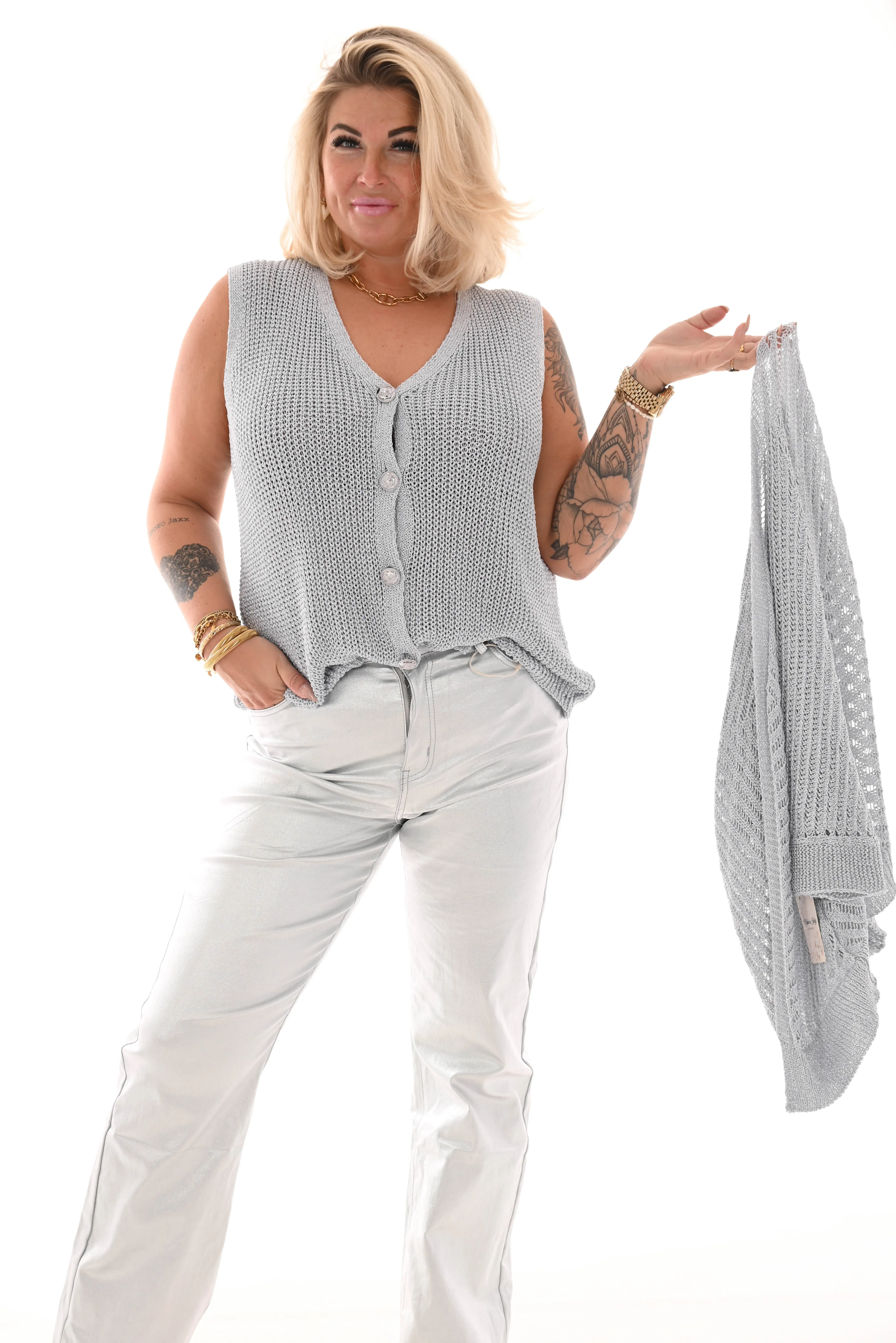 Tweedelig set top en vest lurex zilver
