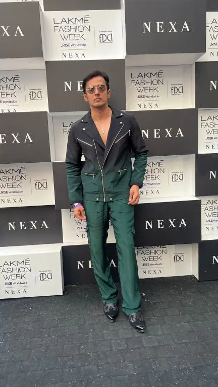 Vivek Dhadah in our Emerald Ombre Biker Jacket with Zipper Detailing paried with  Emerald Baggy Pants with Pocket detailing from Matrix Collection
