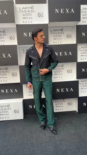 Vivek Dhadah in our Emerald Ombre Biker Jacket with Zipper Detailing paried with  Emerald Baggy Pants with Pocket detailing from Matrix Collection
