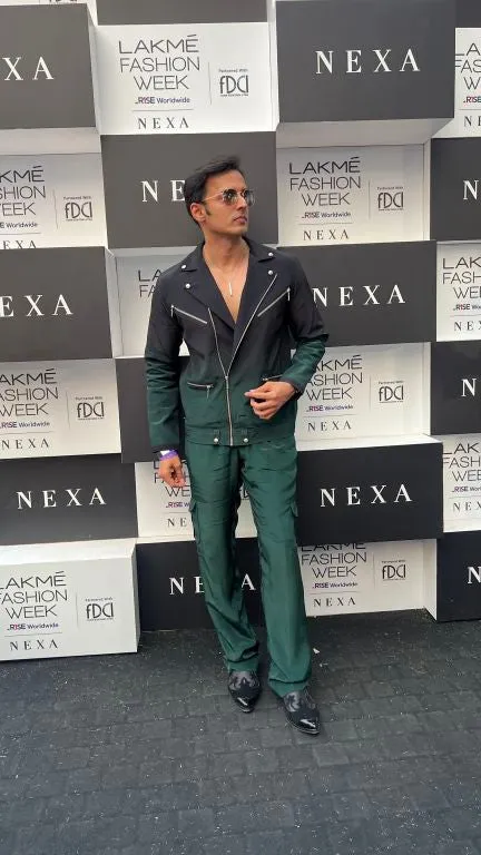 Vivek Dhadah in our Emerald Ombre Biker Jacket with Zipper Detailing paried with  Emerald Baggy Pants with Pocket detailing from Matrix Collection