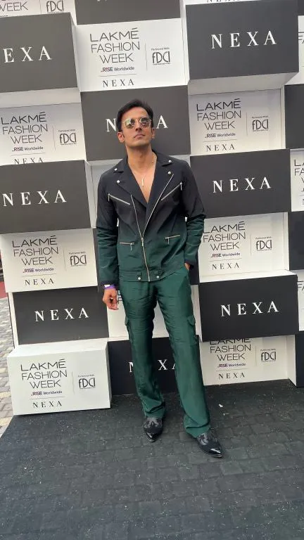 Vivek Dhadah in our Emerald Ombre Biker Jacket with Zipper Detailing paried with  Emerald Baggy Pants with Pocket detailing from Matrix Collection