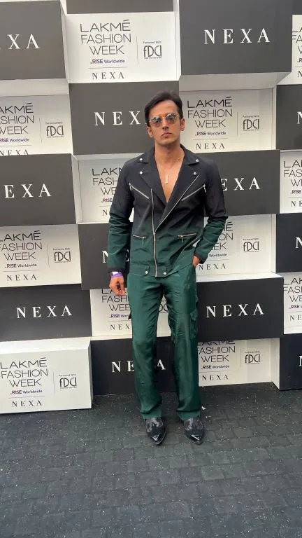 Vivek Dhadah in our Emerald Ombre Biker Jacket with Zipper Detailing paried with  Emerald Baggy Pants with Pocket detailing from Matrix Collection