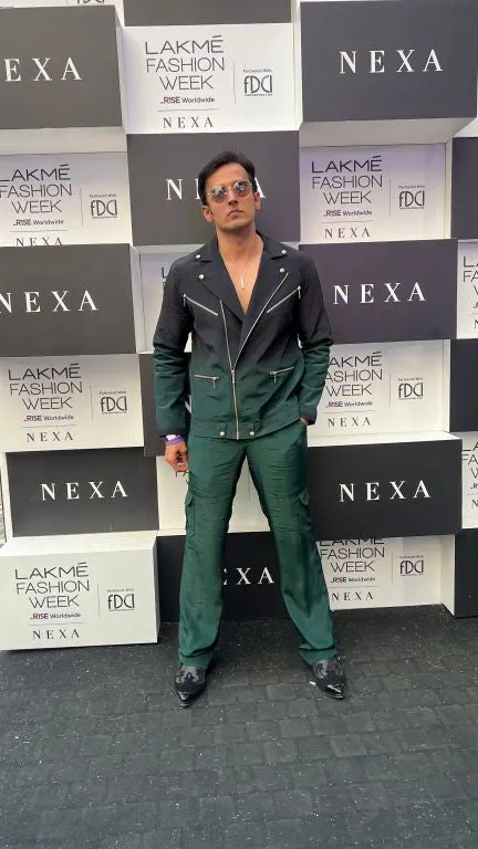 Vivek Dhadah in our Emerald Ombre Biker Jacket with Zipper Detailing paried with  Emerald Baggy Pants with Pocket detailing from Matrix Collection