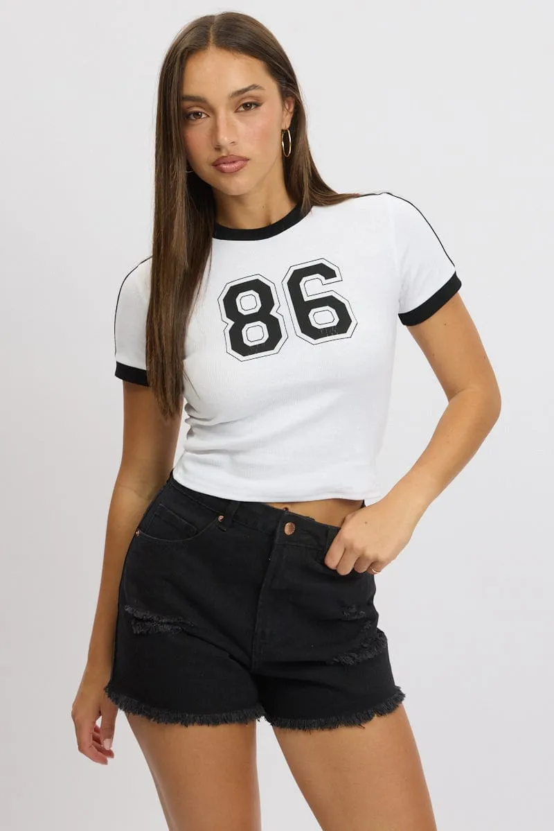 White Graphic Tee Short Sleeve Contrast Binding